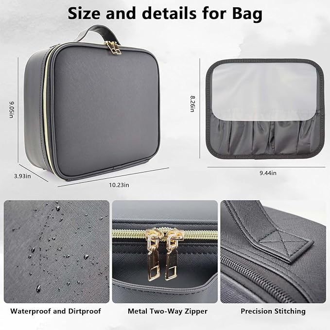 Travel Makeup Bag with LED Mirror Travel Makeup Organizer with 3 Lighted Settings, Adjustable Dividers and Makeup Brush Storage Bag Black