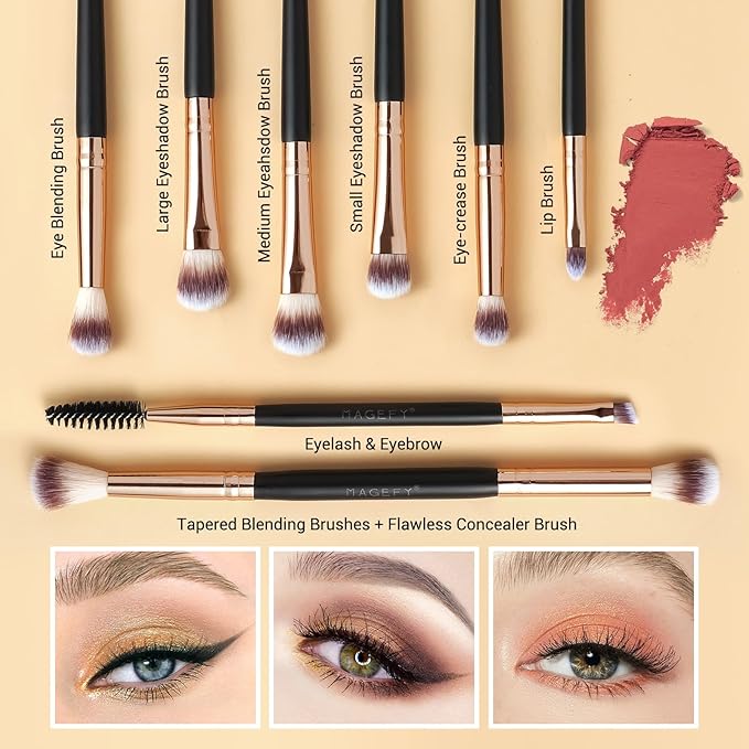 MAGEFY Makeup Brushes 12Pcs with Bag, Double-End Multi-functional for Foundation Powder Blush Eyeliner Eyeshadows brushes with Gift Box,Blackgold