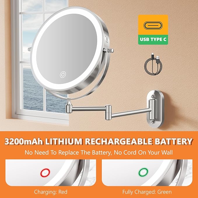 1X/20X Wall Mounted Makeup Mirror with Light, 8" Rechargeable Double-Sided Magnifying Mirror, Vanity Mirror Dimmable 3 Color Light, 360° Extension Rotation Foldable 14.5 Inch Arm, Chrome