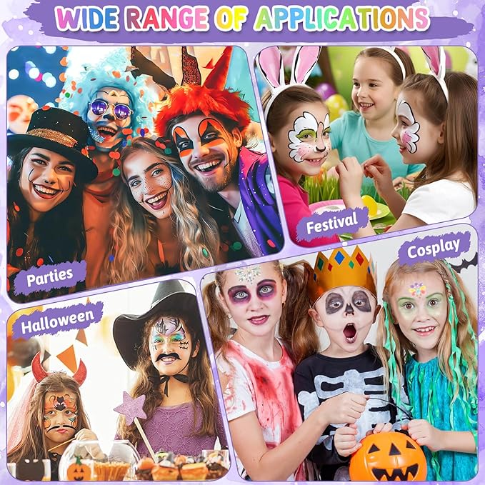 55PCS Face Paint Stencils Kit Includes 33 Reusable Facial Painting Stencils, 6 Sheets Tattoo Templates Stickers, 10 Brushes, 2 Pack Adhesive Gems, 4 Sponge for Halloween Festival Party Makeup