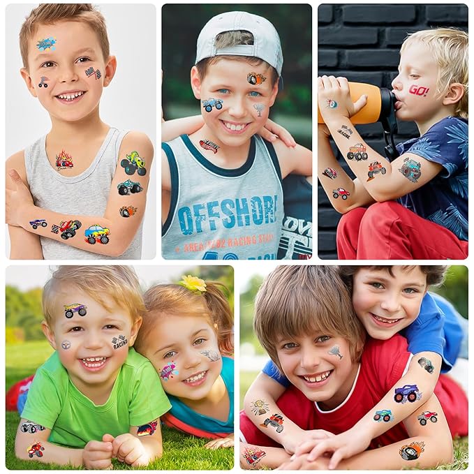 Temporary Tattoos for Kids, 75 PCS Truck Tattoos for Hot Wheel Birthday Party Decoration Favor, Metallic Tattoos, Monster Truck, Car Racing, Checkered Flag, Flames Tattoo for Boys Girls