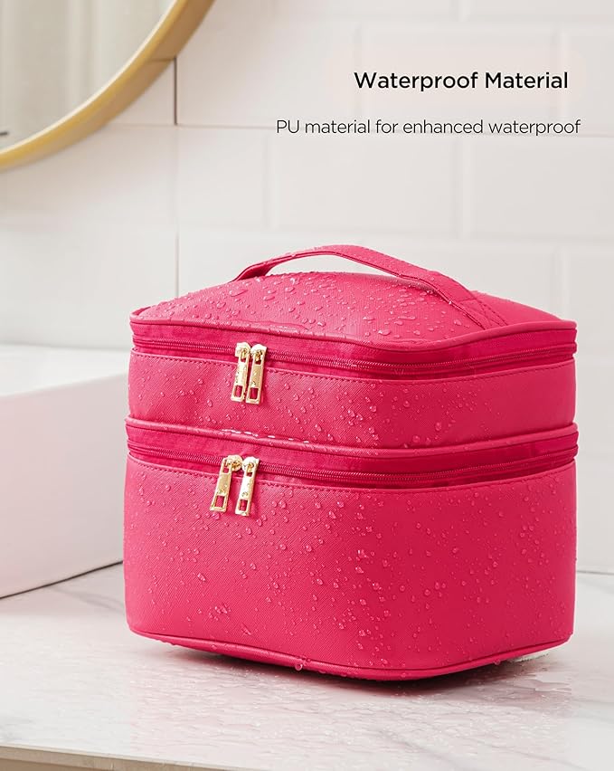 Makeup Bag for Women X-Large Travel Makeup Bag Organizer Portable Toiletry Bag Cute Makeup Bags Waterproof Leather Cosmetic Bag Makeup Case with Removable Dividers, Rose Red