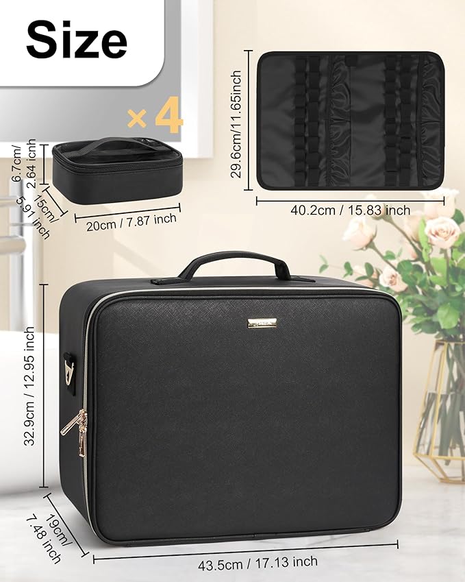 Relavel Extra Large Makeup Bag,Professional Makeup Train Case for Makeup Artists,Travel Cosmetic Organizer Box with 4 Small Portaleb Case Bag&Brush/Lipstick Plate,Adjustable Compartments Dividers