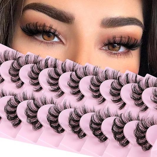 ALPHONSE Russian Lashes Clear Band False Eyelashes Natural Look D-Curly Fake Lashes Russian Strip Faux Mink Eyelashes 9 Pairs Pack