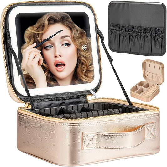 Makeup Travel Train Case with Mirror LED Light 3 Adjustable Brightness Large Cosmetic Bag Portable Storage Adjustable Partition Waterproof Make up Brushes Makeup Jewelry Gift for Women