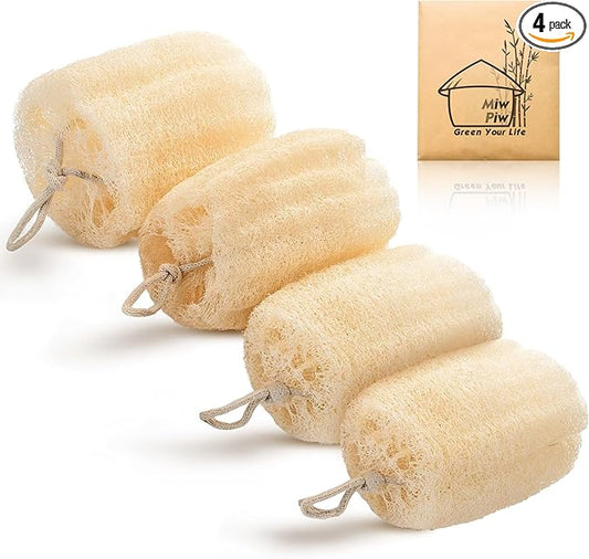 Natural Loofah Exfoliating Body Scrubber (Pack 4), Loofah Shower Sponge, Luffa for Exfoliating & Smooth Skin Cleansing, Women and Men, 100% Biodegradable Compostable, Dye Free
