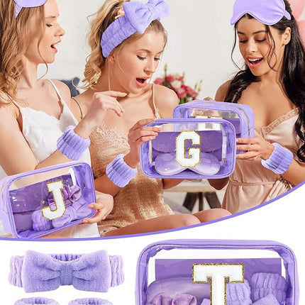 Gift Sets for Women, Initial Makeup Bag with Makeup Brush Set Bachelorette Party Favors, Purple Spa Kit with Skincare Headbands Wrist Bands Sleepover Party Supplies Gifts for Teen Girls Bridesmaid T