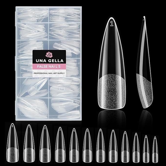 UNA GELLA Halloween XXL Stiletto Nail Tips, 312pcs Pre-Shape Extra Long Stiletto Nails Tips Pre Etched Full Cover No Need File Clear Fake Nails for Party DIY Art Salon 12 Sizes
