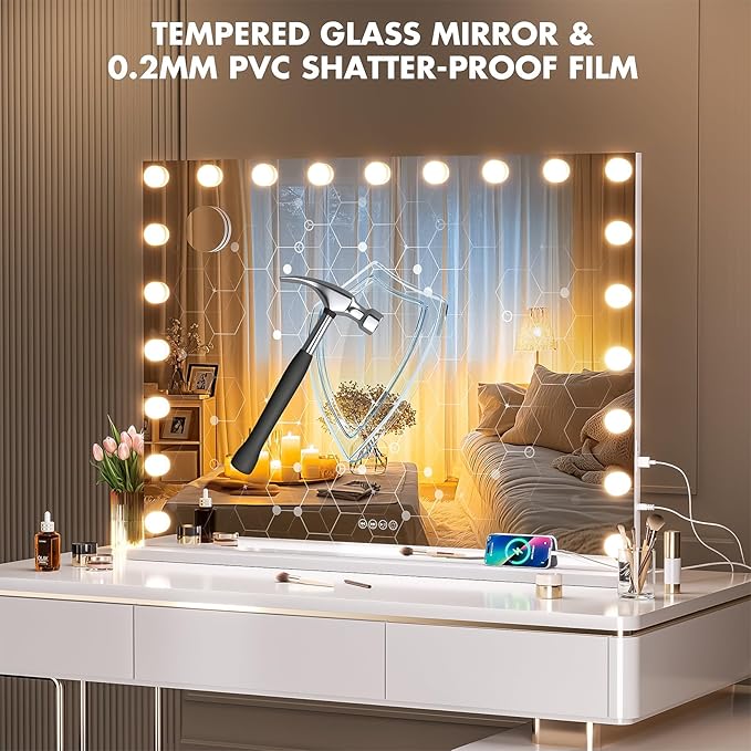 Hasipu Vanity Mirror with Lights and Bluetooth Speaker, 40" x 29" Hollywood Makeup Mirror with 21 Dimmable Bulbs and 10X Magnification, 3 Colors Modes, USB Charging Port, Type-C (White)
