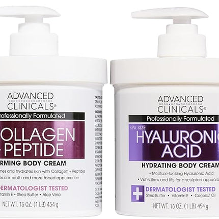 Advanced Clinicals Collagen Peptides Body Lotion + Hyaluronic Acid Moisturizer 2PC Skincare Set For Women & Men | Dry Skin Moisturizing Body Cream Helps Diminish Appearance Of Crepey Skin, 2PC Bundle