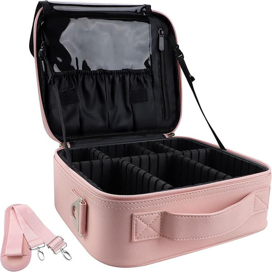Travel Makeup Bag Organizer, 10.2 Inches Portable Makeup Train Case Cosmetic Brush Artist Storage Bag with Adjustable Dividers and Shoulder Strap (Pink)