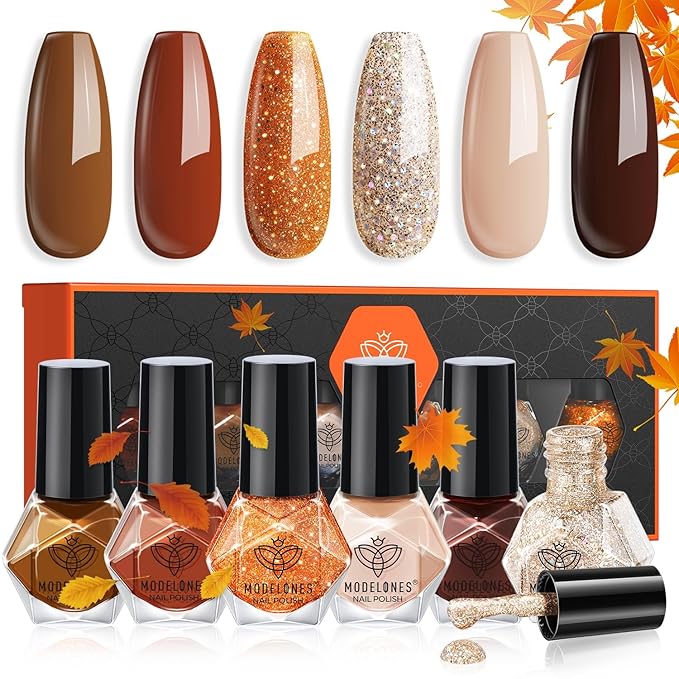 modelones Nail Polish Set, 6 Colors Fall Glitter Nail Polish Kit Orange Brown Quick Dry Fingernail Polish Manicure Nail Art Manicure DIY Home Salon Gifts for Women Mom