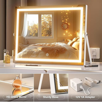 Hasipu Vanity Mirror with Lights, 16" x 12" LED Makeup Mirror with 10X Magnification, Smart Touch 3 Colors Dimmable, Adjustable Brightness, 360° Rotation, White