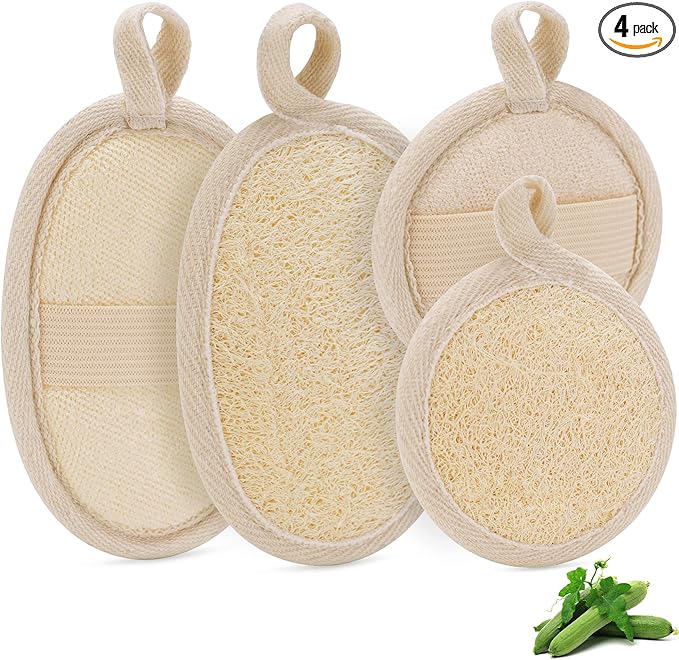 Natural Loofah Sponge Exfoliating Body Scrubber (2Pcs), Loofah Exfoliating Facial Scrubber(2Pcs), Made of Natural Luffa and Terry Cloth, Suitable for Bath Shower Loofah Sponge on Body and Face
