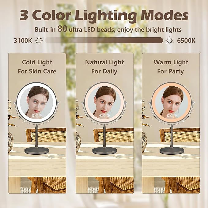 9" Large Lighted Makeup Mirror, 1X/10X Magnifying Mirror with Light, 3 Colors Brightness Adjustable, Rechargeable Double Sided Vanity Mirror with 80 LED Lights Grey