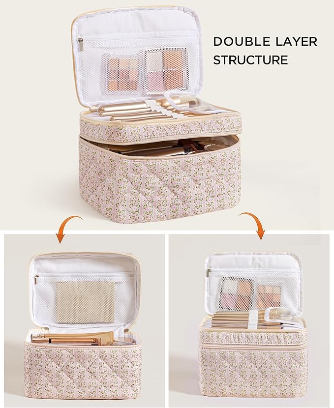 HBselect 2Pcs Travel Makeup Bag, Large Cotton Quilted Makeup Bag Cosmetic Bag Cute Make up Bag Toiletry Bags for Women Girls