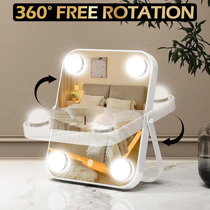 Hollywood Vanity Mirror with Dimmable LED Lighting, Smart Touch Control & U-Shaped Bracket - Portable Tabletop Makeup Mirror for Travel, Home (White)