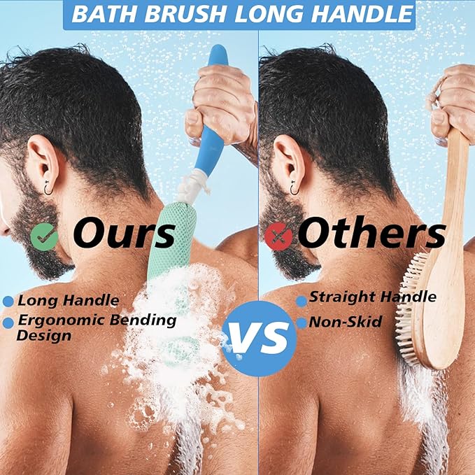 Shower Back Brush with Long Handle, 15.35" Body Brush, Long Back Scrubber for Men Women, Long Handled Sponge Body Exfoliator, Loofah Back Scrubber for Aid Bathing（Black）