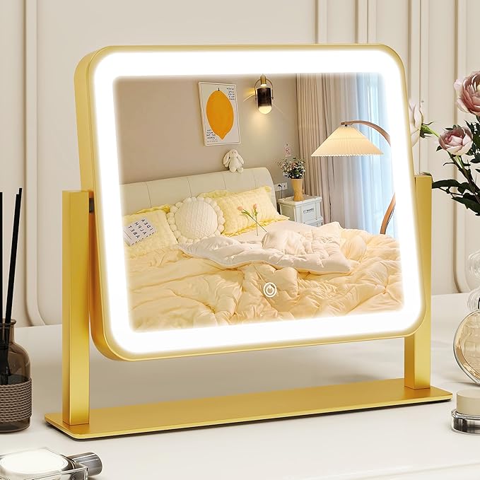 Gold Vanity Mirror with Lights, 14"×12" LED Makeup Mirror, Lighted Makeup Mirror with Lights, Smart Touch Control 3 Colors Dimmable, Lighted Up Mirror for Makeup Desk, 360° Rotation