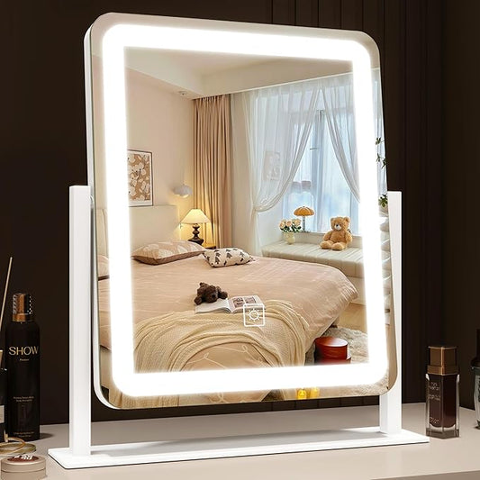 Lighted Makeup Mirror, Vanity Mirror with Lights for Desk Tabletop, Smart Touch with 3-Color Lighting,Dimmable, 360° Rotation, White, 13"x15"
