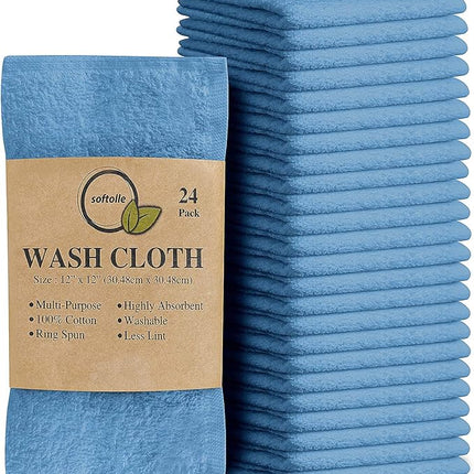 Softolle 100% Cotton Washcloths 24 Pack (12x12 Inches) Soft, Highly Absorbent Washcloth, Face Towels, Wash Cloths for Face, Ring Spun, Bulk Pack (Sky Blue)