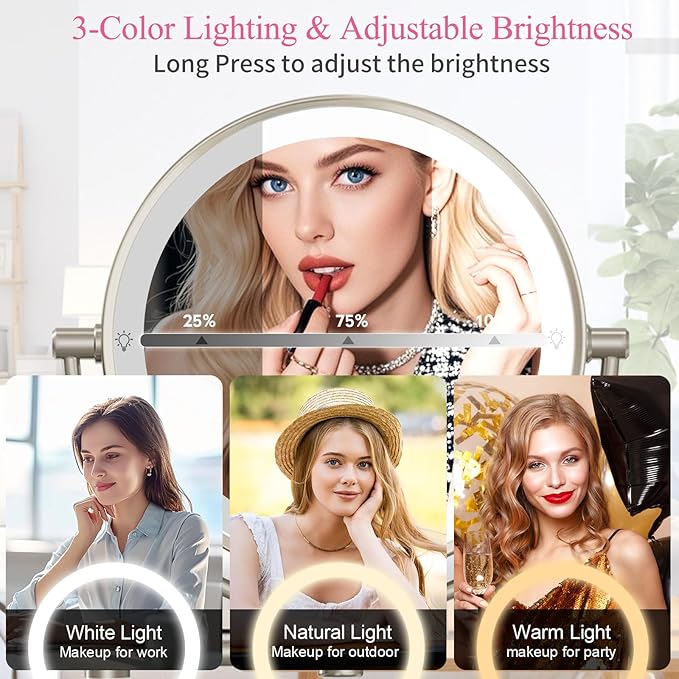 Wall Mounted Makeup Mirror with Lights, 30X/1X Double-Sided Magnifying, Plug-in Lighted Vanity Mirror with 3 Color Modes, Dimmable Brightness, 360° Swivel Extendable Arm for Bathroom & Grooming