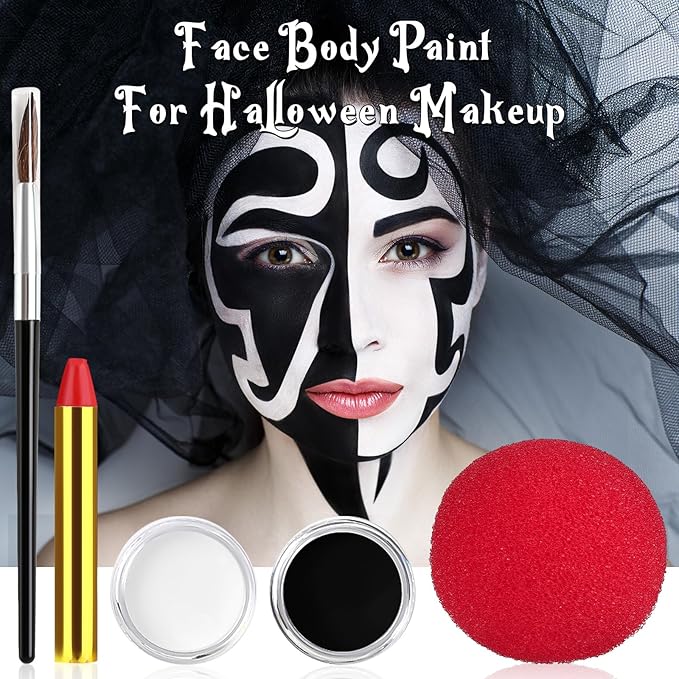 Halloween Joker Clown Makeup Kit, Black White Face Body Paint + Red Nose, SFX Makeup Set for Teens and Adults Art Costume
