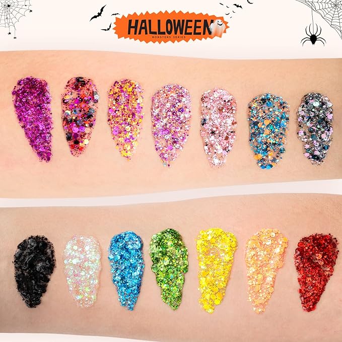 14 Colors Body Glitter,Face Glitter Makeup for Kids Women,Sparkly Chunky Hair Glitter for Eye Lip Nails,Mardi Gras Glitter Makeup Face Paint,Singer Concerts Disco Rave Festival Accessories-Hallowmas