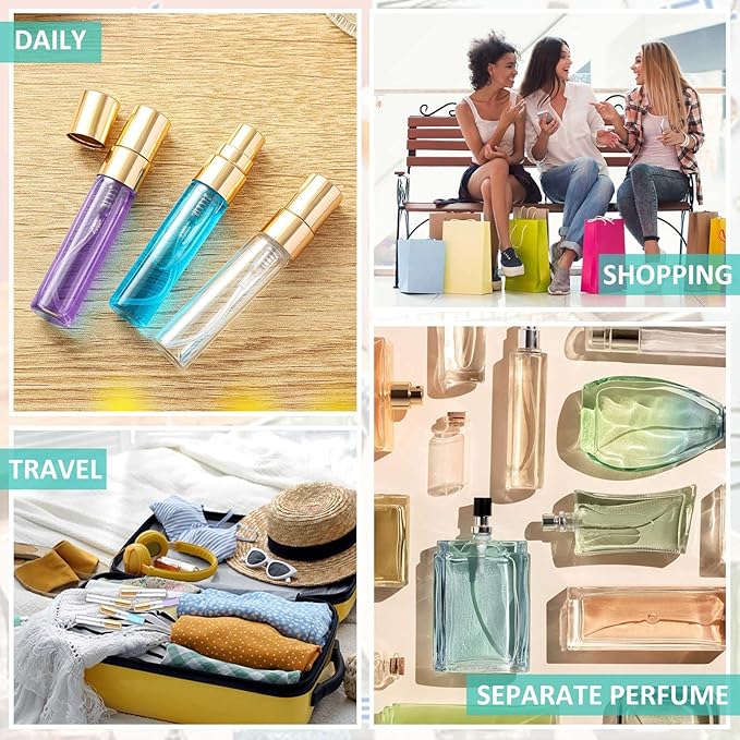 Zhehao 200 Pcs Mini Spray Bottles 5 ml Clear Glass Perfume Bottles Refillable Fine Mist Perfume Atomizer Portable Empty Sample Containers for Cleaning, Essential Oils, Travel (Gold Cap)