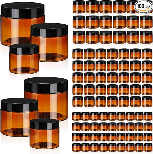 Tanlade 100 Pcs 8/4/2 oz Amber Plastic Cosmetic Jars with Lids Empty Leak Proof Container Refillable Cosmetic Jars Airtight for Cream, Lotion, Powder, Ointment, Beauty Products Travel Storage (Round)