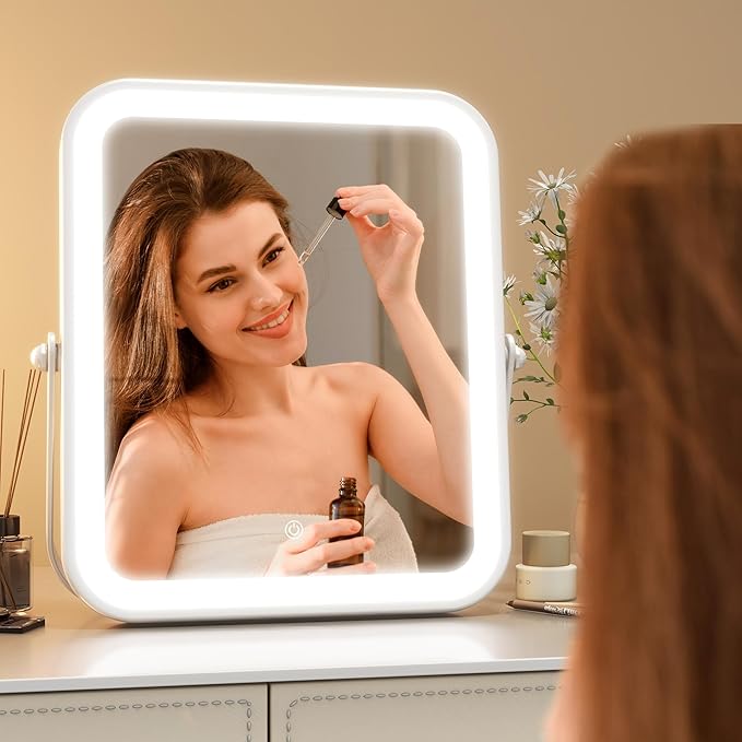 Home Mirror, 10x12 inches Lighted Vanity Makeup Mirror, Dimmable Touch Screen, Tabletop Mount, USB Plug-in, Adjustable, Portable