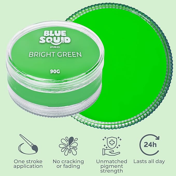 Blue Squid PRO Face Paint - Professional Water Based Single Cake Facepaint & Body Paints - SFX Makeup, Kids Adults Face Painting for Costume, Halloween, Cosplay - Classic Bright Green 90g / 3oz