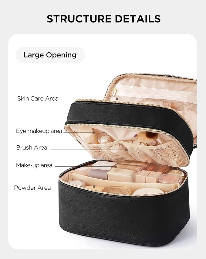 Makeup Bag for Women, X-Large Travel Makeup Bag Organizer, Portable Toiletry Bag, Cute Makeup Bags, Waterproof Leather Cosmetic Bag, Makeup Case with Removable Dividers, Black