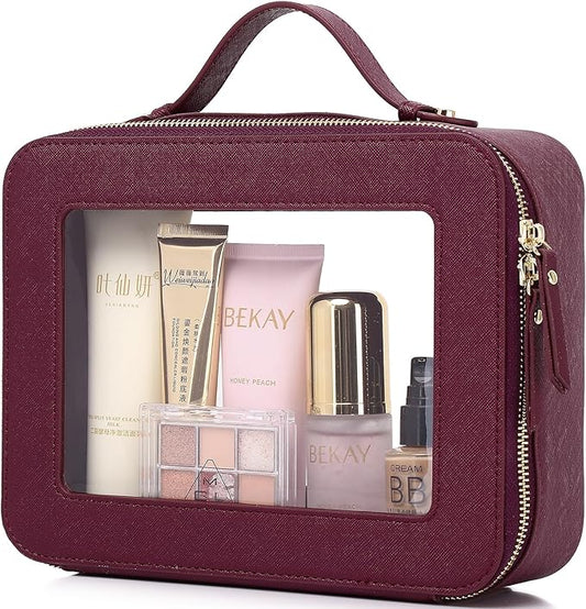 Pinkmik Clear Makeup Bag Waterproof Travel Case for Cosmetics and Toiletries Women's Makeup Organizer and Car Bag with Zipper (X/Burgundy, L)