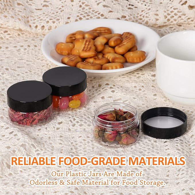 1oz Containers with Lids 28Pack, 1 oz Plastic Container with Lid- Clear Refillable Cosmetic Small Plastic Containers with Black Screw Lid for Liquid and Solid Products (1 oz, 28Pack)