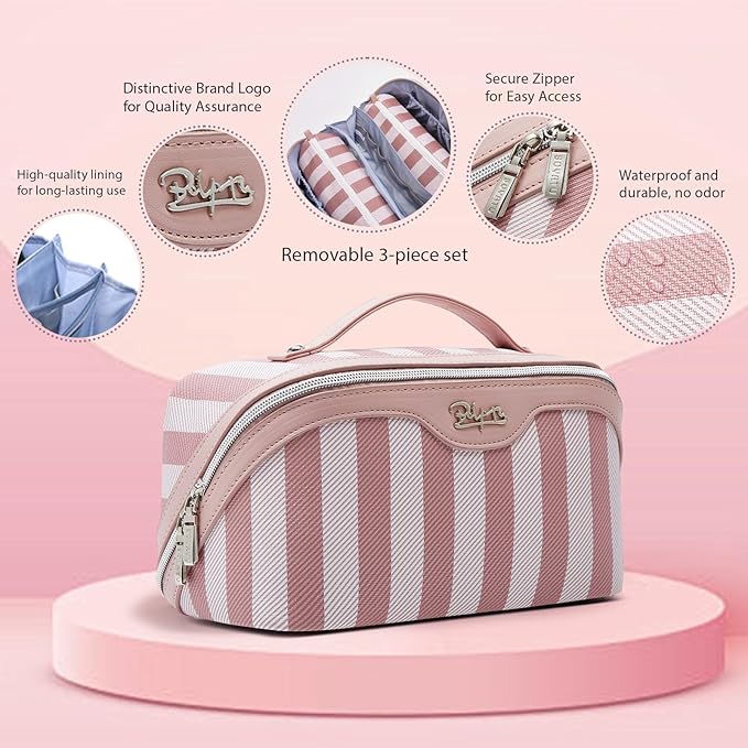BOYATU Travel Makeup Bag for Women: Large Cosmetic Bag Set of 3 - PU Leather Make up Bag with Compartments - Compact Waterproof Toiletry Bag with Divider & Handle (A-01Pink)