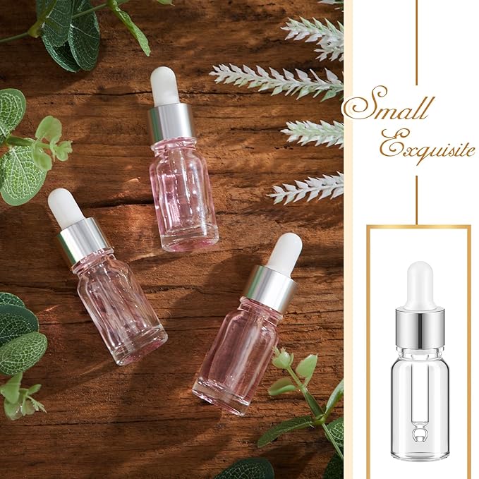 100 Pcs Mini Glass Oil Dropper Bottle Bulk, Clear Essential Small Empty Bottles Sample Containers Perfume Liquid Vials with Cap for Traveling (10 ml,Silver)