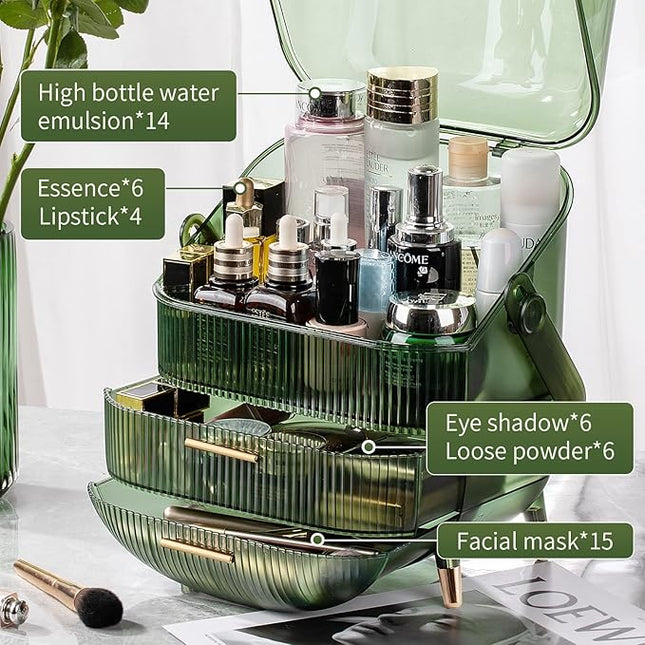 CANITORON Makeup Organizer,Large Capacity Skincare Organizer for Vanity,Cosmetic Organizer with 2 Drawers and Transparent Cover for Bedroom Countertop and Bathroom Countertop Storage.(LGreen)