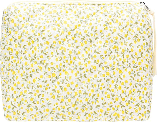 PAZIMIIK Quilted Makeup Bag Large Travel Zipper Soft Cosmetic Pouch for Women Girls Make Up,Floral Yellow