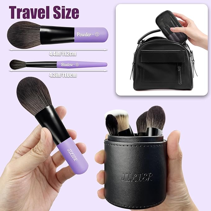 Jilier Travel Makeup Brush Set, 14 pcs Mini Makeup Brushes for Foundation, Powder, Eyeshadow, Highlight, Contour, Blush & Concealer, Small Makeup Brush Set Purse Size with Case (Purple)