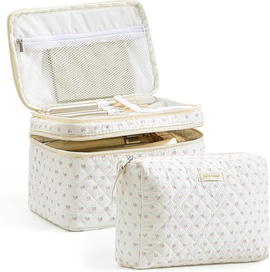 HBselect 2Pcs Travel Makeup Bag, Large Cotton Quilted Makeup Bag Cosmetic Bag Cute Make up Bag Toiletry Bags for Women Girls