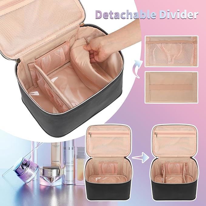 OCHEAL Travel Makeup Bag, Large Make up Bag Organizer Cosmetic Case with Detachable Brush Divider and Multi-purpose Comparement,Waterproof Portable for Toiletry Accessories Makeup Tools-Black