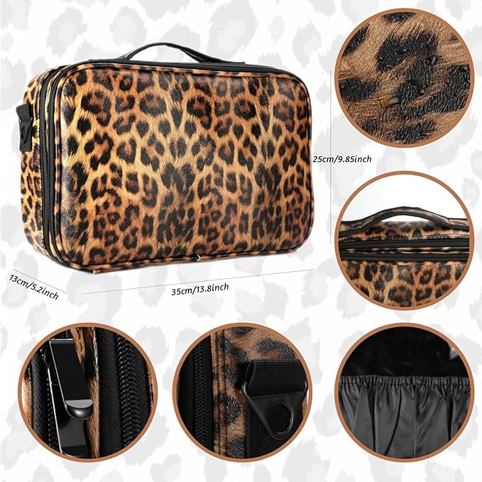 Makeup Case Large Travel Makeup Bag 3 Layers Cosmetic Train Case Cosmetic Organizer Brush Holder Waterproof Makeup Storage Bag with Adjustable Dividers and Shoulder Strap (Leopard)