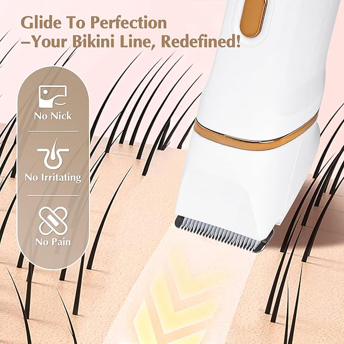 Electric Bikini Trimmer for Women - 5 in 1 Rechargeable Electric Razors for Women, IPX7 Waterproof Pubic Hair Trimmer, Painless Womens Body Shaver, Facial Razor & Nose Hair Shaver, White