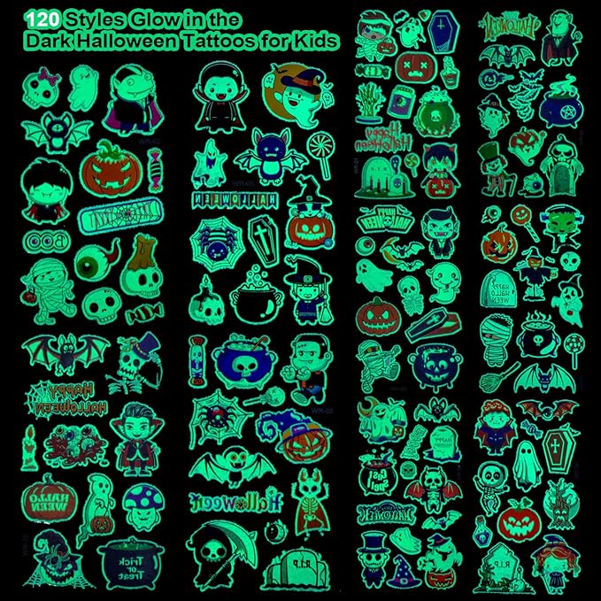 120 PCS Glow Halloween Tattoos for kids, Luminous Temporary Tattoo Stickers Halloween Party Favors, Trick or Treats, Goodie Bag Stuffers, Gifts, Halloween Makeup Decorations, Party Supplies