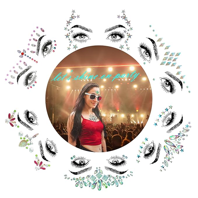 6 Pcs Music Festival Face Jewels, Rhinestone Rave Face Gems Glitter,Crystal Birthday Party Festival Face Sticker, Eyes Face Body Temporary Tattoos for Festival Party