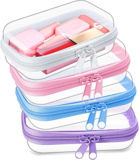 Hoolerry 4 Pcs Hard Clear Zipper Case Makeup Bags Plastic Pencil Pouch Transparent Storage Box Containers for Cosmetics, Snacks, Building Blocks, Puzzles(Multicolor,5 x 3 x 2 in)