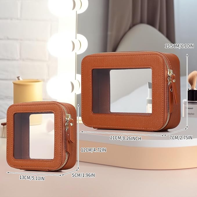 Pinkmik Clear Makeup Bag Waterproof Travel Case for Cosmetics and Toiletries Women's Purse Organizer and Clear Car Bag with Zipper (X/Brown, M+MINI)