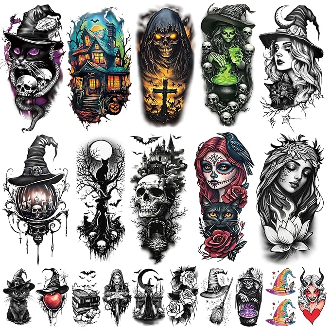 77 Sheets Halloween Temporary Tattoos, Witch Makeup Kit, Scary Witch Hat Cat Skull Bat Crow Black Moon Horro Half Arm Fake Tattoo Stickers for Adult Women Boy Girl