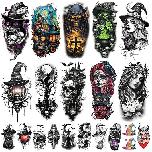 77 Sheets Halloween Temporary Tattoos, Witch Makeup Kit, Scary Witch Hat Cat Skull Bat Crow Black Moon Horro Half Arm Fake Tattoo Stickers for Adult Women Boy Girl